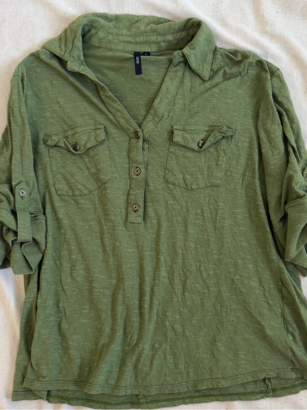 Staccato Olive Green Roll-Sleeve Button Henley Blouse